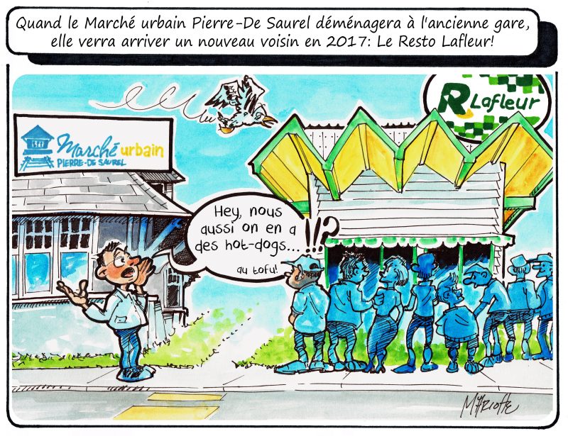Des odeurs de friture près du nouvel emplacement du Marché urbain Pierre-De Saurel? C'est du moins l'idée du caricaturiste Gilles Bill Marcotte! | Gilles Bill Marcotte